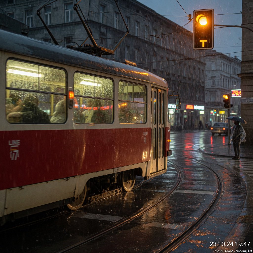 At a rain-darkened intersection, a tram grinds through a curve, its steel wheels shining beneath amber signal glow. A street-level news photo, shot on a 35mm lens with moderate depth of field, catches beads of water on the windows and slight wheel blur. — Grok Imagine Image Quality