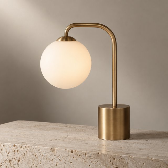 Commercial product photograph of an unbranded sculptural desk lamp made from brushed brass and opal glass, resting on pale travertine, against a warm gray background, with soft diffused light from upper left and gentle grounding shadow. — GPT Image 2.5 Sunburst