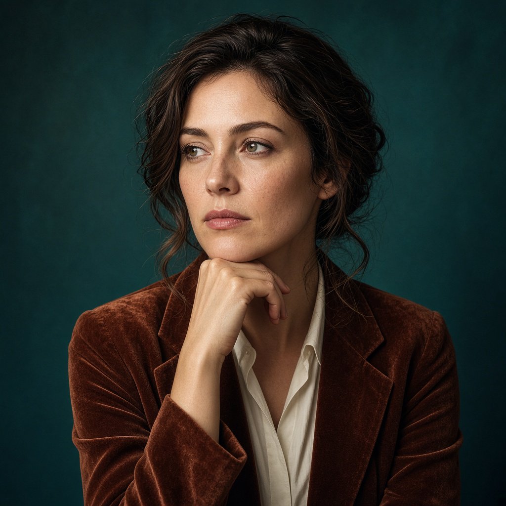 Portrait of an adult woman in her 30s wearing a rust-colored velvet jacket over an ivory blouse, one hand resting beneath her chin, thoughtful expression, deep teal studio backdrop, soft side lighting and gentle cheek highlights. — Grok Imagine Image 2