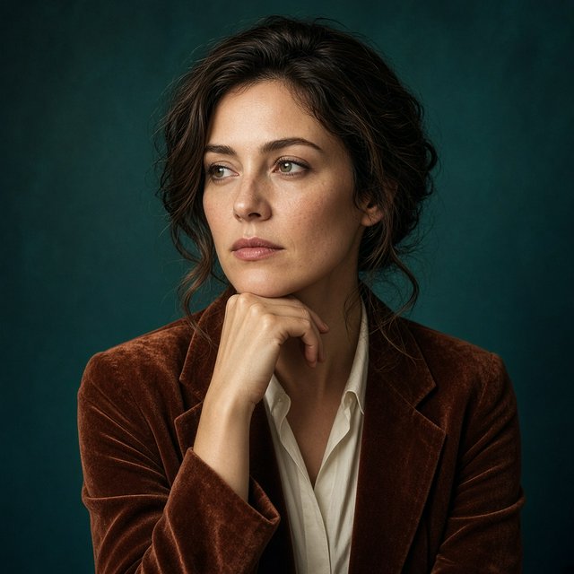 Portrait of an adult woman in her 30s wearing a rust-colored velvet jacket over an ivory blouse, one hand resting beneath her chin, thoughtful expression, deep teal studio backdrop, soft side lighting and gentle cheek highlights. — Grok Imagine Image 2