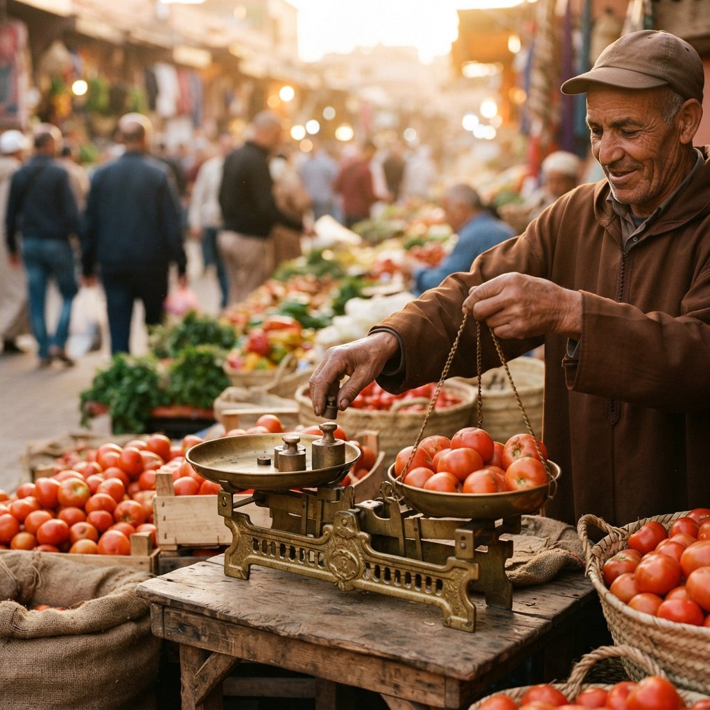 Candid street photograph of an outdoor vegetable market at golden hour, a vendor weighing tomatoes on a brass scale, shallow depth of field, 50mm lens. — Nano Banana 2 Lite