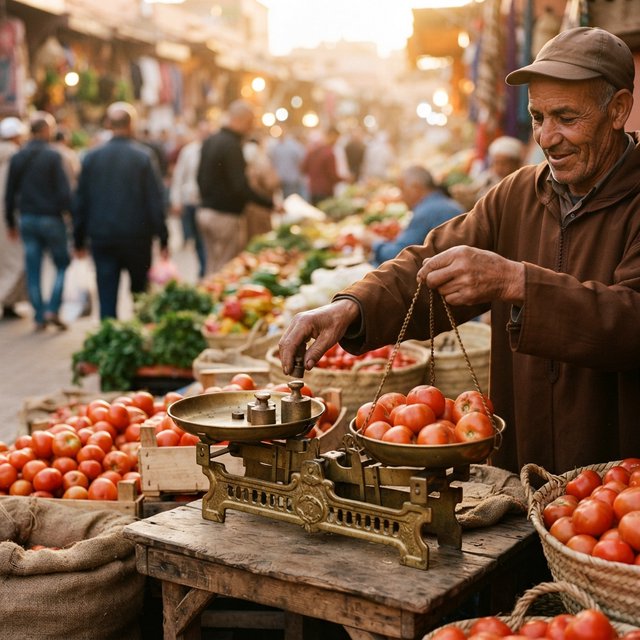 Candid street photograph of an outdoor vegetable market at golden hour, a vendor weighing tomatoes on a brass scale, shallow depth of field, 50mm lens. — Nano Banana 2 Lite