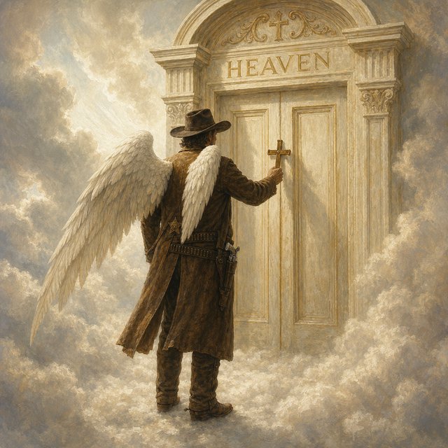 Create a painted image of a frontier lawman in heaven, facing away from the camera with angel wings. He is standing on a ground made of clouds, with a door in front of him. Holding a cross, he uses it to knock on the door. — GPT Image 2