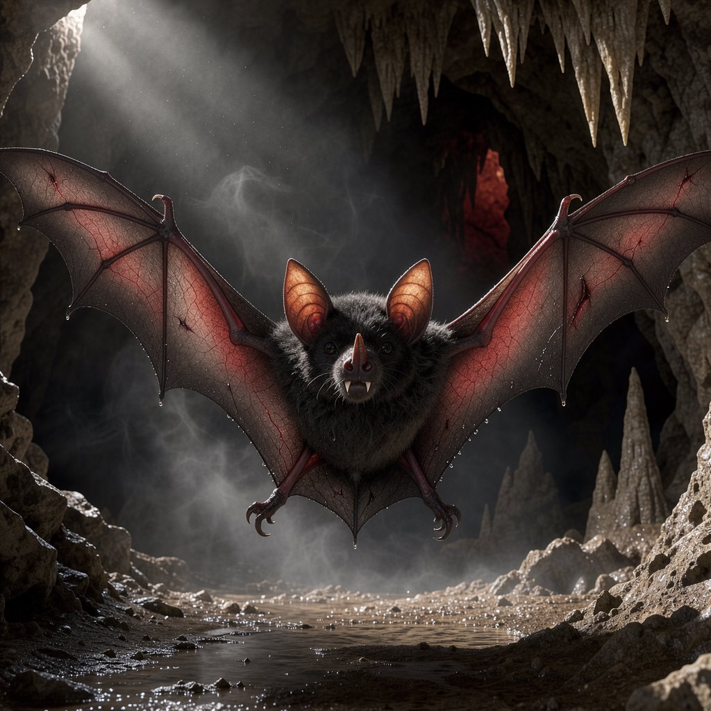 Vampire bat art, volumetric fog, chiaroscuro lighting, subsurface scattering. — FLUX 3 Image
