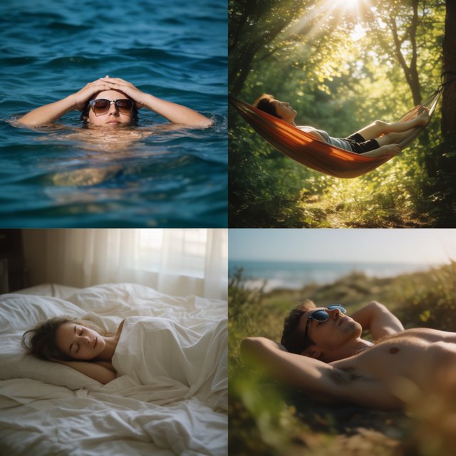 An image representing the word and concept of “Relaxing.” There are at least 4 moments that represent this. The word “Relax” and another word representing it are hidden naturally in the background. — Krea 2 Large