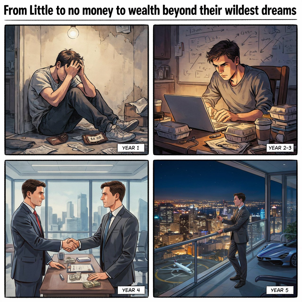 Realistic comic. At least 4 panels. It showcases 5 years of someone's life, from the first year, when they struggled to make money, to the fifth year, when they are worth millions to billions of dollars. Make sure money is seen at least once in the image. At the top, it says "From Little to no money to wealth beyond their wildest dreams". — Ideogram v4