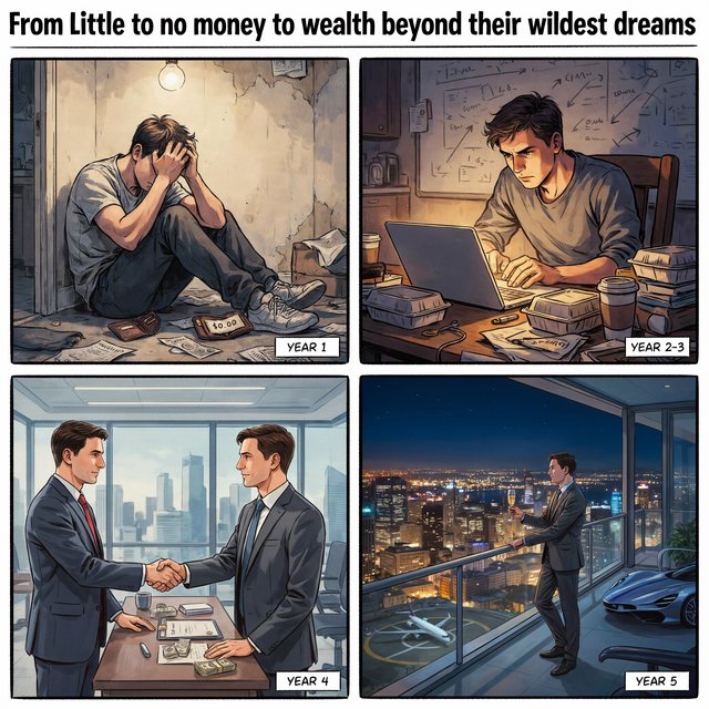 Realistic comic. At least 4 panels. It showcases 5 years of someone's life, from the first year, when they struggled to make money, to the fifth year, when they are worth millions to billions of dollars. Make sure money is seen at least once in the image. At the top, it says "From Little to no money to wealth beyond their wildest dreams". — Ideogram v4