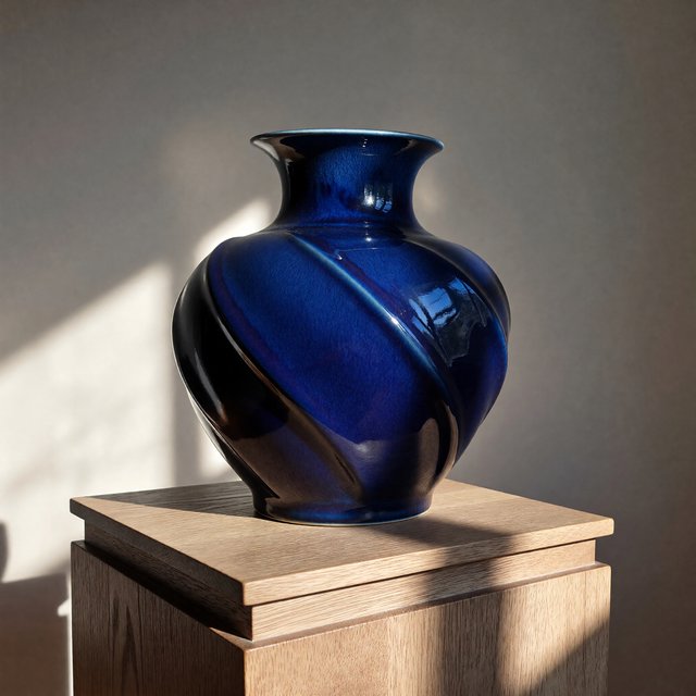 Commercial product photograph of an unbranded sculptural ceramic vase, formed from glossy cobalt porcelain, standing on a pale oak pedestal against a warm ivory background, illuminated by soft directional daylight and subtle fill. — ImagineArt 1.5 Pro