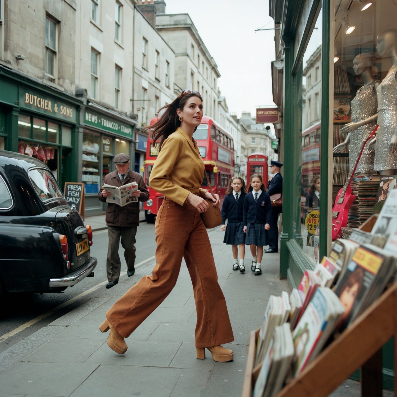 A glamorous woman walking down a busy UK high street in 1977. There are cars, buses and shops full of merchandise. Something surprising catches her eye. — Ideogram v4