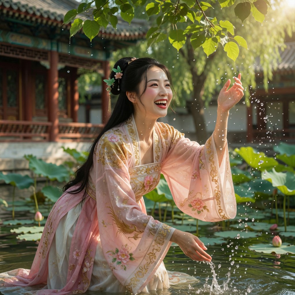 Cinematic shot, a breathtakingly stunning adult Chinese woman from ancient times playing joyfully by a crystal-clear lotus pond, mid-summer afternoon. She is wearing an exquisite, flowing silk Hanfu dress in pastel pink and white with intricate gold embroidery. Her face is porcelain-smooth, with delicate makeup, long black hair elegantly styled with jade hairpins, and a radiant, charming smile. Water droplets frozen in mid-air, sunlight filtering through lush green lotus leaves, creating dappled light on her skin. Shallow depth of field, bokeh background of traditional Chinese architecture, hyper-realistic, soft natural lighting, serene yet playful atmosphere. — Grok Imagine Image Quality