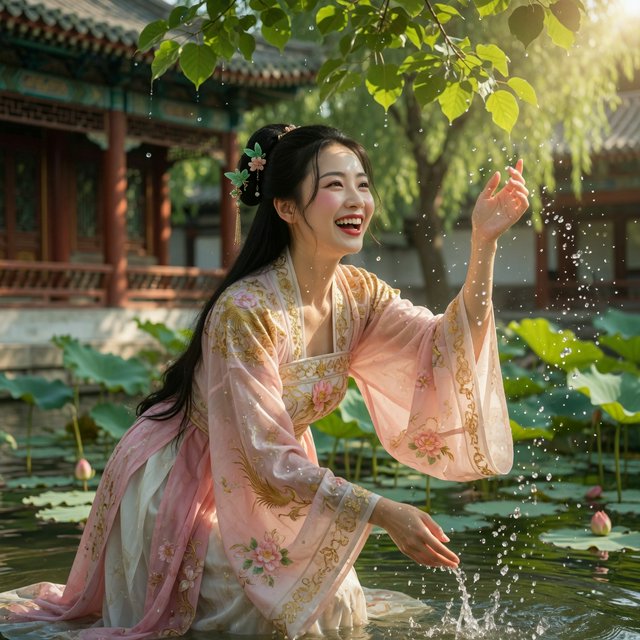 Cinematic shot, a breathtakingly stunning adult Chinese woman from ancient times playing joyfully by a crystal-clear lotus pond, mid-summer afternoon. She is wearing an exquisite, flowing silk Hanfu dress in pastel pink and white with intricate gold embroidery. Her face is porcelain-smooth, with delicate makeup, long black hair elegantly styled with jade hairpins, and a radiant, charming smile. Water droplets frozen in mid-air, sunlight filtering through lush green lotus leaves, creating dappled light on her skin. Shallow depth of field, bokeh background of traditional Chinese architecture, hyper-realistic, soft natural lighting, serene yet playful atmosphere. — Grok Imagine Image Quality