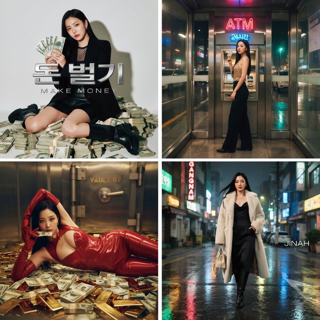 A pretty K-pop idol who is 19–21 years old at a music video shoot. The music video is for her hit song "돈 벌기" (Make Money). The setting of the music video relates to the song name. At least 4 scenes and many angles. — Ideogram v4