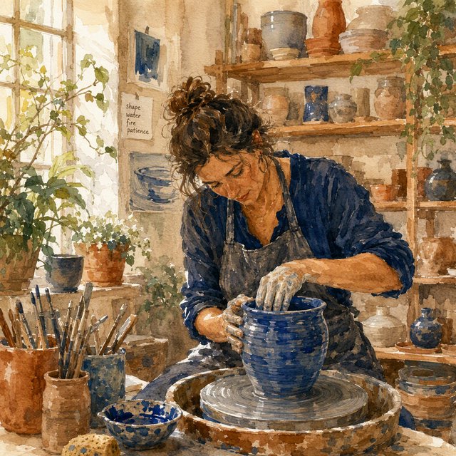 Watercolour illustration of an adult ceramicist shaping a blue-glazed vessel in a sunlit workshop, shelves of unfinished pottery and leafy plants softened by loose brushwork. Palette of terracotta, indigo, warm cream, and sage. — GPT Image 2