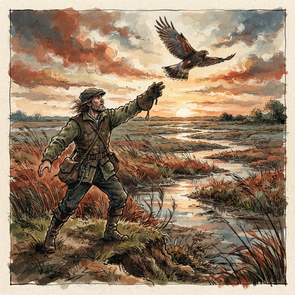 Ink-and-gouache illustration of an adult falconer releasing a hawk above a salt marsh, reeds bending in the wind and tidal pools catching sunset. Palette of rust, moss green, pale gold, and slate blue, with lively brushwork. — Nano Banana 2 Lite