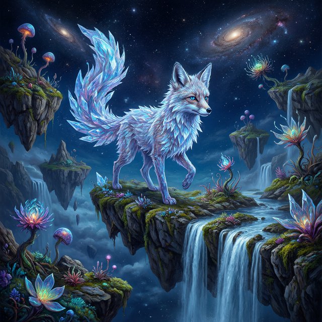An ethereal fox with crystalline fur navigates a landscape of floating islands. Waterfalls cascade into the starry abyss below, and strange, alien flora sprouts from glowing rocks. This is a magical realism painting, infused with the wonder of distant galaxies. — Qwen Image 3.0 Pro
