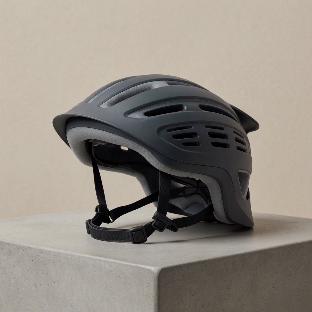 Commercial product photograph of an unbranded folding bicycle helmet made from matte charcoal polymer with soft gray padding, resting on a honed concrete plinth against a muted sand background, illuminated by a broad overhead softbox and gentle rim light. — Krea 2 Medium