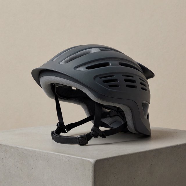 Commercial product photograph of an unbranded folding bicycle helmet made from matte charcoal polymer with soft gray padding, resting on a honed concrete plinth against a muted sand background, illuminated by a broad overhead softbox and gentle rim light. — Krea 2 Medium
