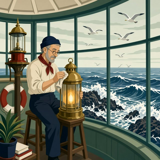 Flat-vector illustration of an adult lighthouse keeper polishing a brass lantern in a windswept tower, gulls circling beyond the glass and foam tracing black rocks below. Palette of sea-glass green, cream, vermilion, and navy. — Grok Imagine Image 2