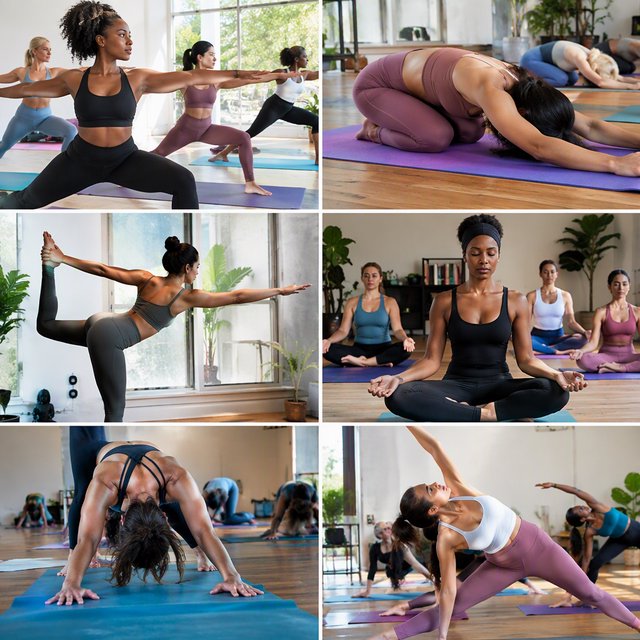 A realistic image of a group of adult women at a yoga class. Women of many races, with slim, curvy, and other body types, all wearing yoga wear, all on colorful yoga mats, all posing, with many angles and POVs. 3–6 angles. — GPT Image 2.5 Flare