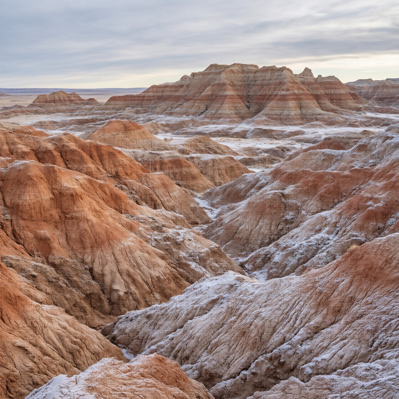 A red-sandstone badlands plateau beneath clearing winter clouds at sunrise, overnight frost silvering the gullies; cracked clay and wind-smoothed rock lead the eye across layered mesas fading into pale distance. — Qwen Image 3.0
