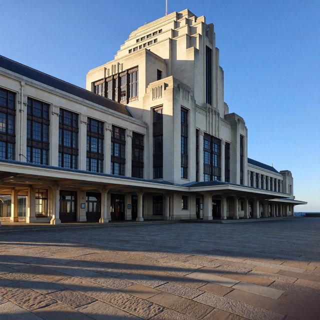 Exterior of a coastal Art Deco ferry terminal, cream limestone, dark bronze window frames, stepped geometric tower and sheltered arcade, late-morning sunlight casting sharp shadows, viewed from across a windswept stone forecourt, realistic architectural photography with precise lines and plausible structure. — ImagineArt 1.5 Pro