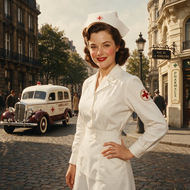 A digital illustration depicts an attractive vintage-style nurse with fair skin and dark, curly hair styled in waves reminiscent of past decades. She wears red lipstick, a white nurse's cap, a uniform, and a cross emblem on her sleeve. A classic European street scene featuring an ambulance and old buildings forms the background. — Seedream 5.0 Pro