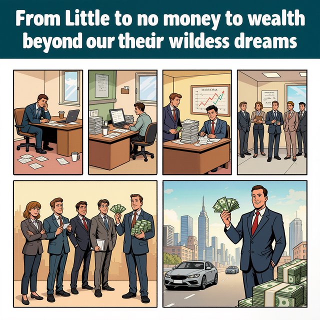 Realistic comic. At least 4 panels. It showcases 5 years of someone's life, from the first year, when they struggled to make money, to the fifth year, when they are worth millions to billions of dollars. Make sure money is seen at least once in the image. At the top, it says "From Little to no money to wealth beyond their wildest dreams". — Kling v3