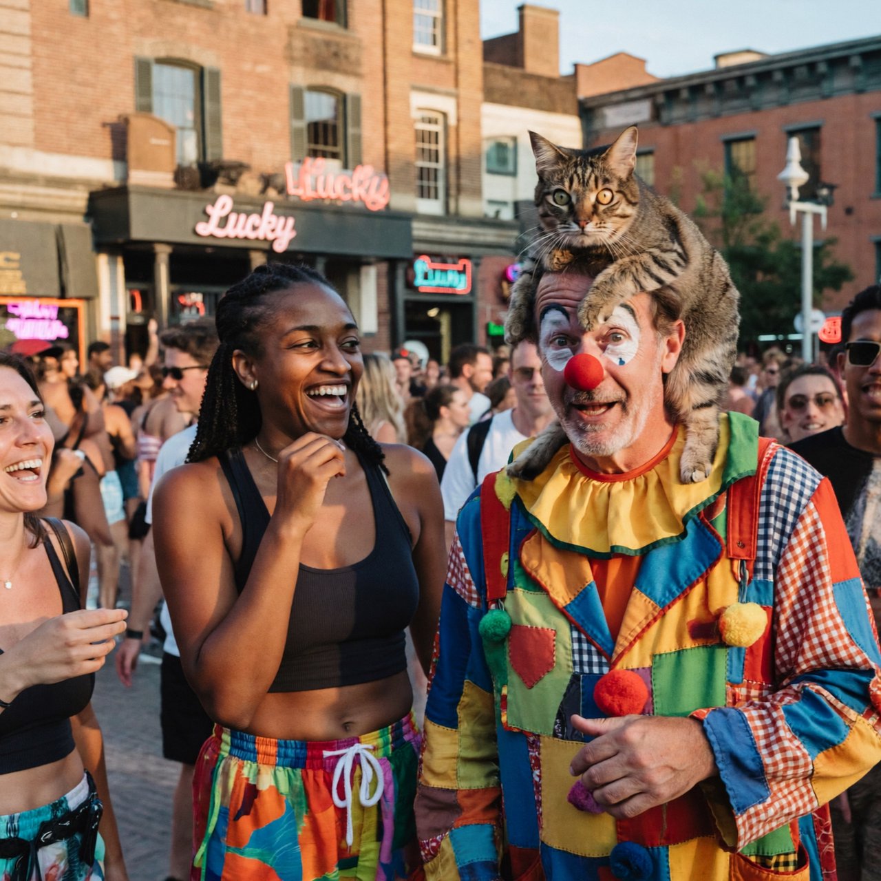 Realistic. Four to five adults having a very lucky day. One of the people is a clown with a very strange cat on their head. Another is wearing a black crop top and multicolored shorts. The word “Lucky” is seen at least twice in the background. — ImagineArt 2