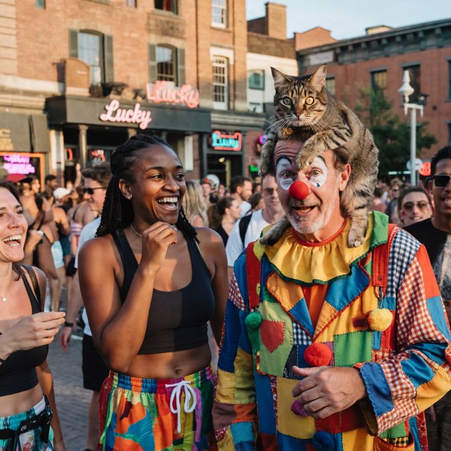 Realistic. Four to five adults having a very lucky day. One of the people is a clown with a very strange cat on their head. Another is wearing a black crop top and multicolored shorts. The word “Lucky” is seen at least twice in the background. — ImagineArt 2