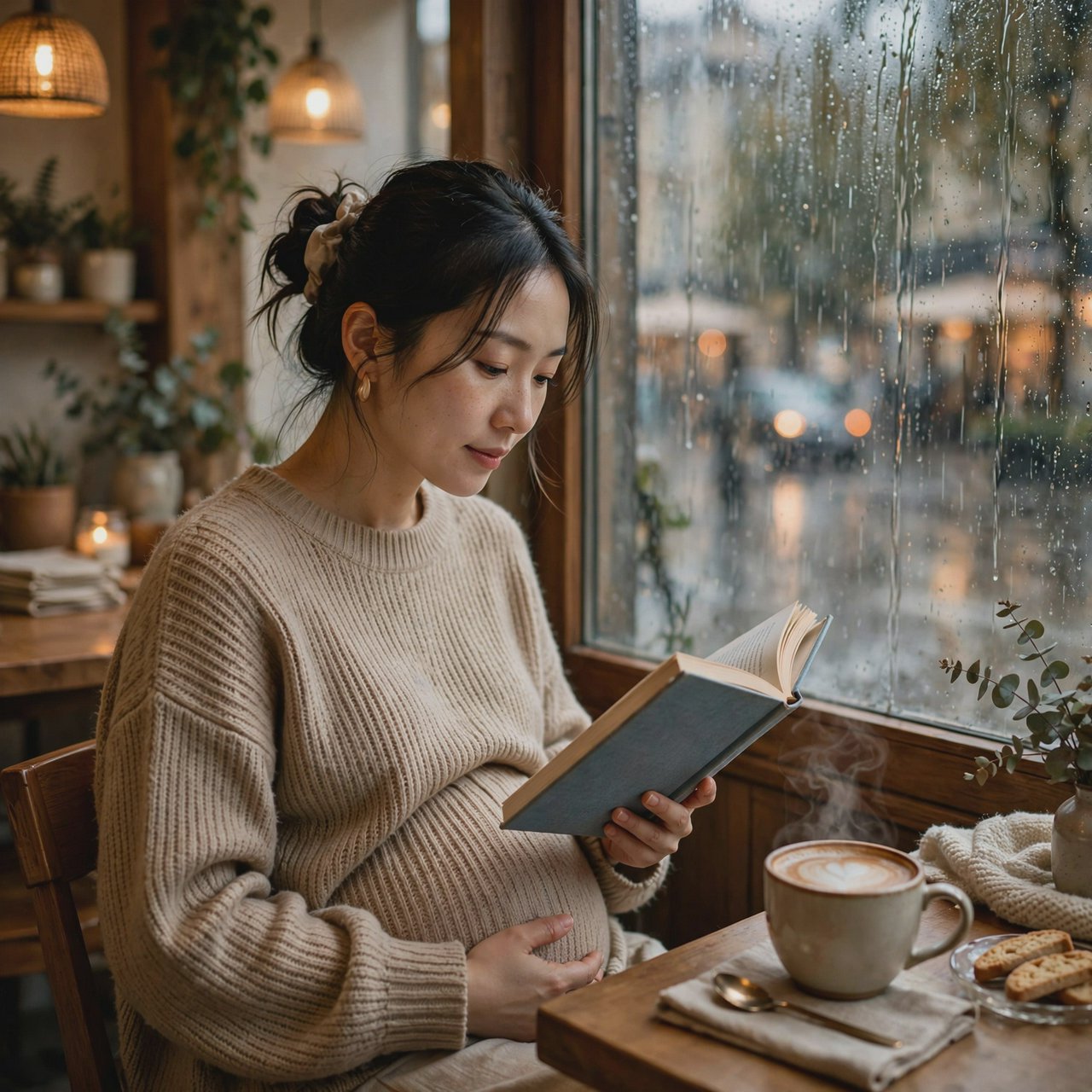 Photorealistic cinematic scene of a pregnant Chinese woman sitting in a cozy café by the window, reading a book. She appears calm, gentle, and thoughtful, with one hand resting naturally near her belly. On the table beside her is a cup of coffee, softly steaming. Outside the large window, heavy rain pours down, with streaks of water on the glass and a blurred rainy street beyond. The café interior is warm and inviting, with soft ambient lighting, wooden textures, and a peaceful atmosphere that contrasts with the storm outside. The composition should feel intimate, emotional, and serene, with the woman as the clear focal point. — Muse Image 1.0