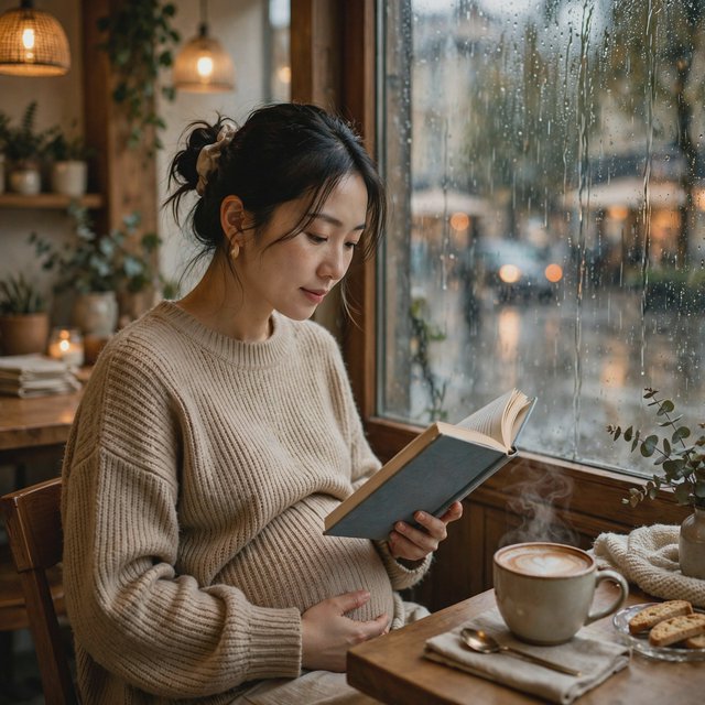 Photorealistic cinematic scene of a pregnant Chinese woman sitting in a cozy café by the window, reading a book. She appears calm, gentle, and thoughtful, with one hand resting naturally near her belly. On the table beside her is a cup of coffee, softly steaming. Outside the large window, heavy rain pours down, with streaks of water on the glass and a blurred rainy street beyond. The café interior is warm and inviting, with soft ambient lighting, wooden textures, and a peaceful atmosphere that contrasts with the storm outside. The composition should feel intimate, emotional, and serene, with the woman as the clear focal point. — Muse Image 1.0