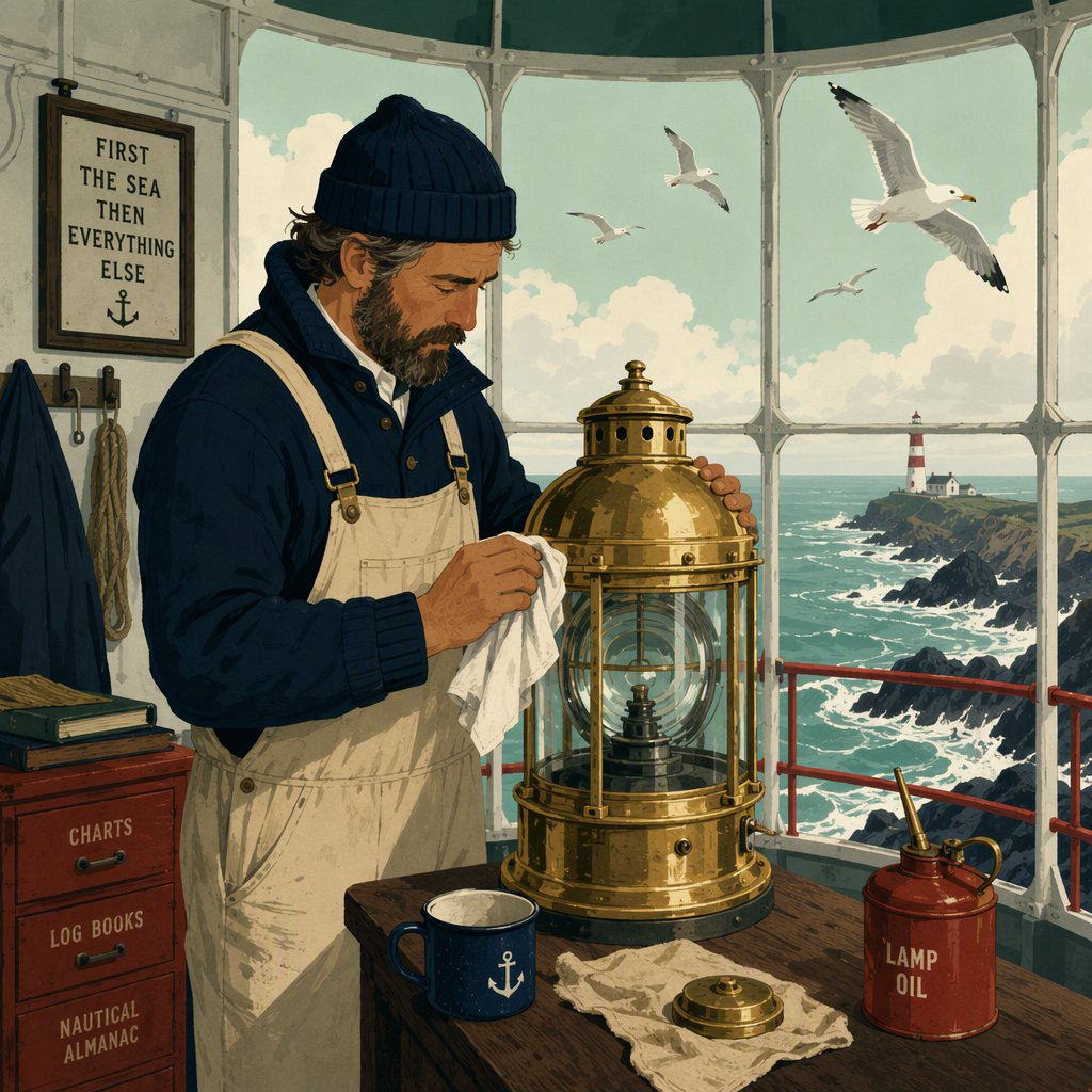 Flat-vector illustration of an adult lighthouse keeper polishing a brass lantern in a windswept tower, gulls circling beyond the glass and foam tracing black rocks below. Palette of sea-glass green, cream, vermilion, and navy. — GPT Image 2