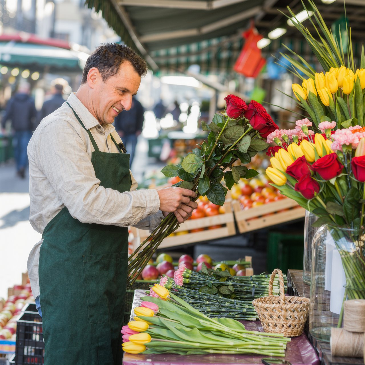 Candid documentary photograph of an adult florist arranging loose stems at an outdoor market stall, soft early-morning side light, 50mm lens with shallow depth of field, tiny water droplets beading on the cut leaves. — Kling v3 Omni