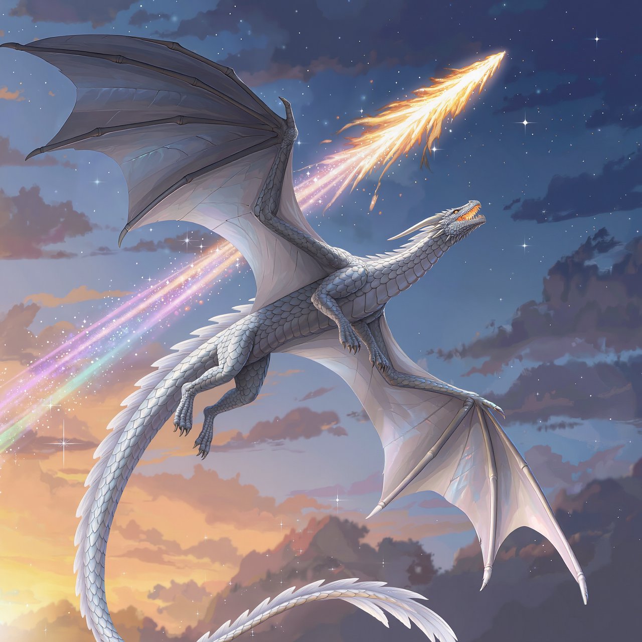 A beautiful, ethereal dragon flying through the skies breathing star flames. Detailed scales. — Kling v3