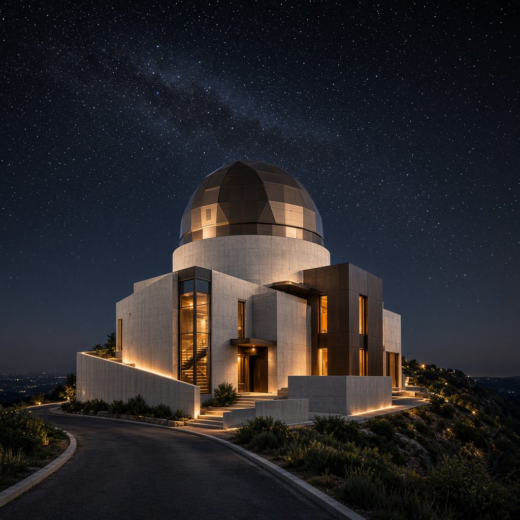 A hilltop observatory in spare contemporary architecture glows against the midnight sky, its pale concrete walls, bronze panels, and narrow windows lit from within; viewed from the access road, crisp edges and credible structural supports. — Grok Imagine Image 2