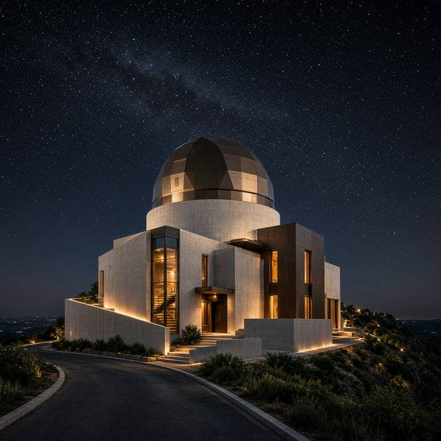 A hilltop observatory in spare contemporary architecture glows against the midnight sky, its pale concrete walls, bronze panels, and narrow windows lit from within; viewed from the access road, crisp edges and credible structural supports. — Grok Imagine Image 2