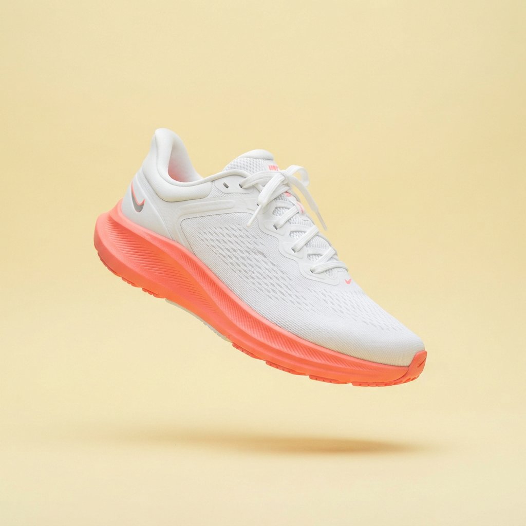 A white running sneaker with a coral sole floating at a slight angle over a pastel yellow background, studio lighting, no shadow on the backdrop. — Nano Banana 2 Lite