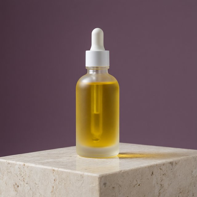 Under a broad diffused key and cool edge light, an unbranded frosted-glass serum bottle displays clear golden oil against a muted plum background, resting on honed pale travertine with its blank surface free of lettering. — Qwen Image 3.0