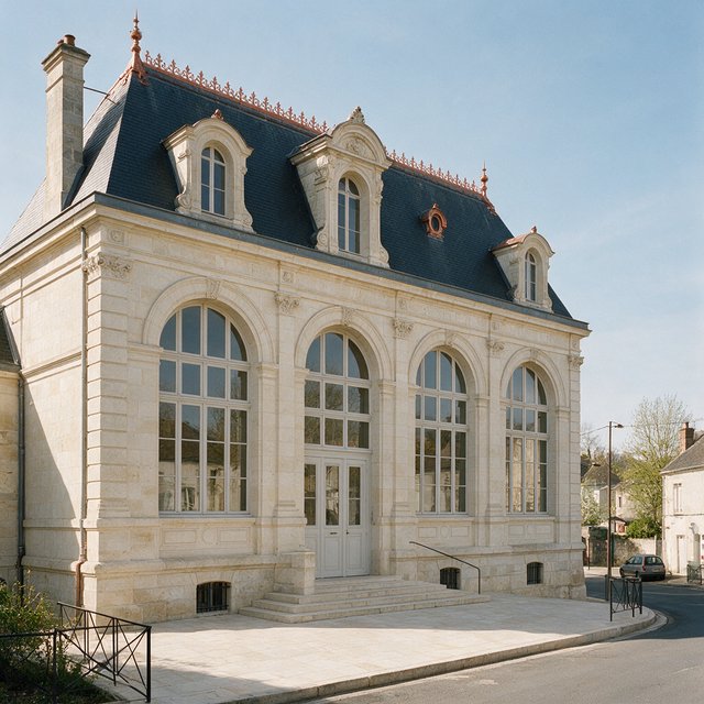 Exterior of a French Second Empire town hall with pale limestone, a dark mansard roof, copper cresting, and tall arched windows; clear spring light falls across the entrance terrace, viewed from the quiet street corner, precise lines and believable construction. — Seedream 5.0 Pro
