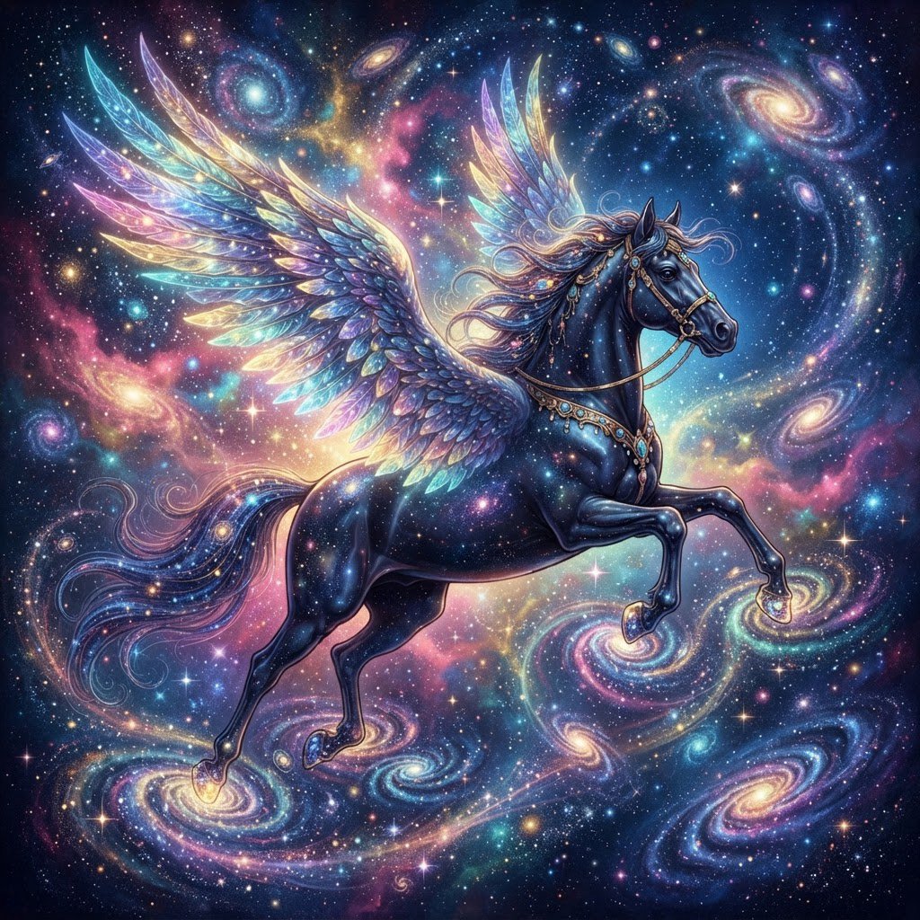 A majestic winged horse, with iridescent feathers and a coat like polished obsidian, is soaring through a celestial realm filled with nebulae and shimmering stardust. Around its hooves, tiny galaxies spiral outwards. The style is reminiscent of intricate fantasy illustration, with glowing, ethereal colors and a sense of deep cosmic wonder — Nano Banana 2 Lite