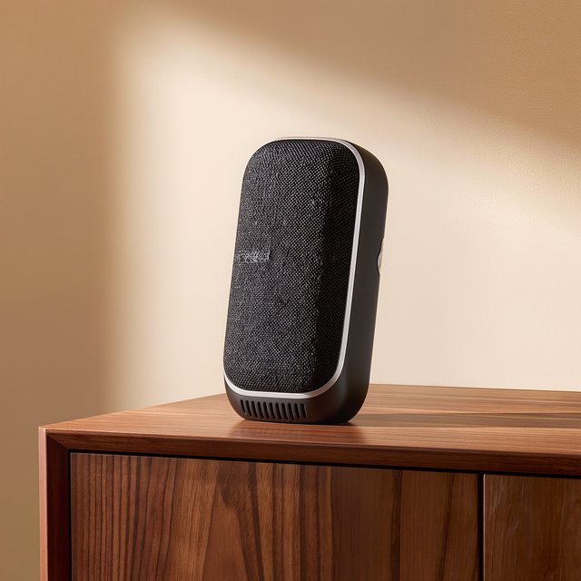 Commercial product photograph of an unbranded wireless speaker made from textured black fabric and satin aluminum, placed on a walnut tabletop against a warm cream background, illuminated by a large softbox and subtle backlight. — Kling v3