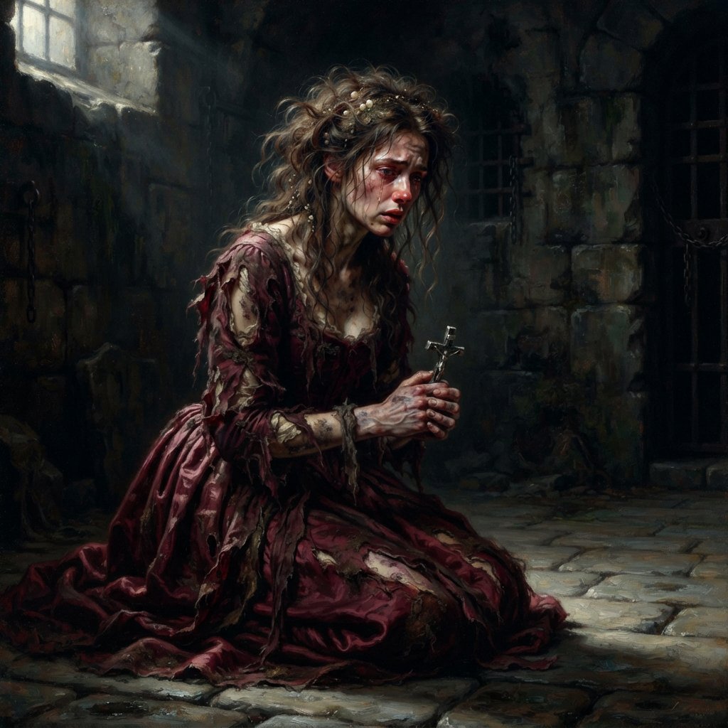 A dramatic cinematic portrait of a fallen noblewoman kneeling in a dimly lit stone chamber, wearing a disheveled dark crimson silk gown, the fabric torn and loose, revealing hints of pale skin, strong chiaroscuro lighting highlighting her silhouette and sorrowful expression, tears, messy hair adorned with broken pearls, atmosphere of despair and silence, oil painting style realism — Nano Banana 2 Lite