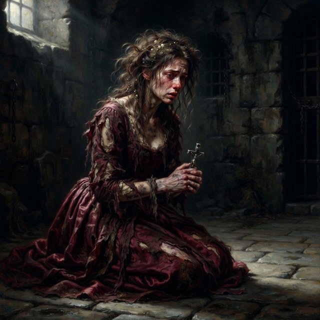 A dramatic cinematic portrait of a fallen noblewoman kneeling in a dimly lit stone chamber, wearing a disheveled dark crimson silk gown, the fabric torn and loose, revealing hints of pale skin, strong chiaroscuro lighting highlighting her silhouette and sorrowful expression, tears, messy hair adorned with broken pearls, atmosphere of despair and silence, oil painting style realism — Nano Banana 2 Lite