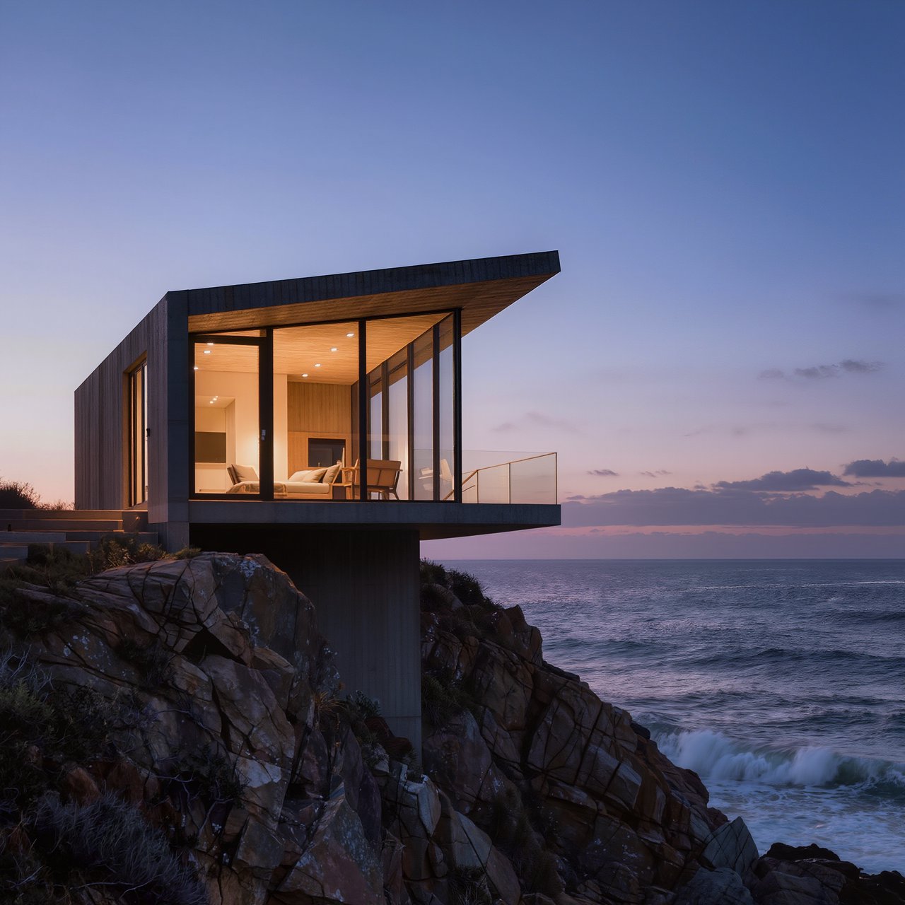 Exterior of a small concrete-and-glass house on a cliff above the sea, dusk, interior lights on, architectural photography. — Kling v3