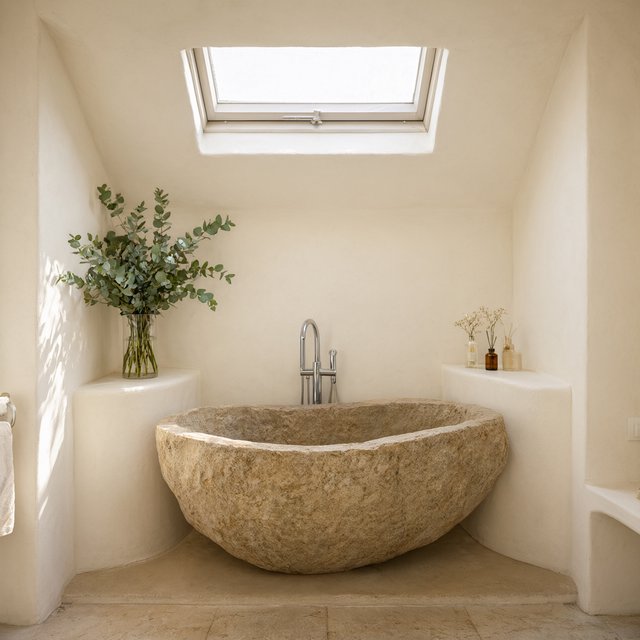 A spa bathroom with a stone tub, a skylight, plaster walls in warm white, eucalyptus in a vase, soft shadows. — Qwen Image 3.0 Pro
