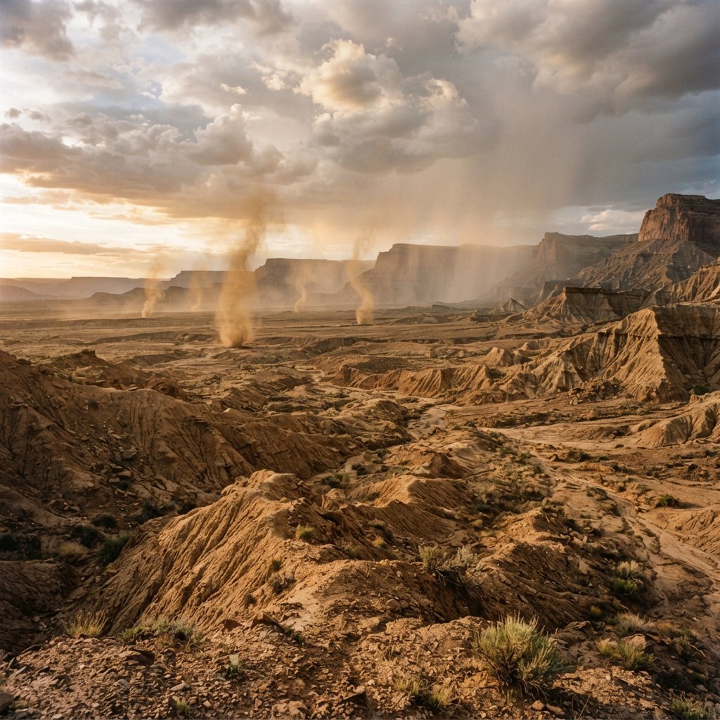 Wind-driven dust devils spiral across ochre badlands beneath a storm-clearing late-afternoon sky; pebble-studded clay ridges and tiny erosion grooves sharpen nearby, while layered mesas recede through veils of rain. — Nano Banana 2 Lite