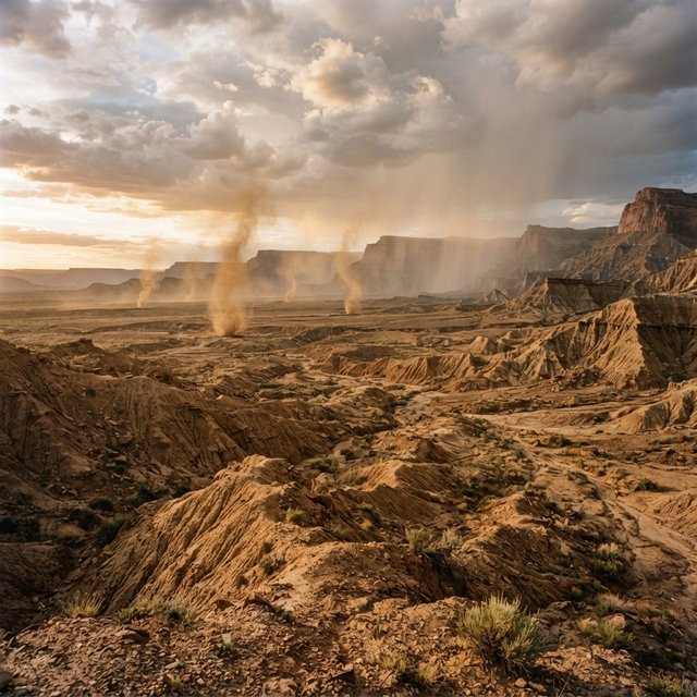 Wind-driven dust devils spiral across ochre badlands beneath a storm-clearing late-afternoon sky; pebble-studded clay ridges and tiny erosion grooves sharpen nearby, while layered mesas recede through veils of rain. — Nano Banana 2 Lite