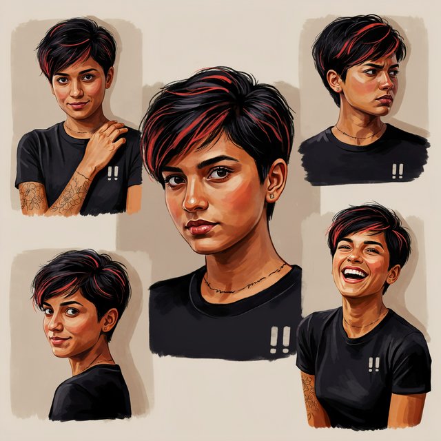 Character exploration sheet of the same 25-year-old Indian woman in several bust and waist-up studies, varied expressions and three-quarter views, one larger central portrait. Warm brown skin, black pixie haircut with red streaks, tattoos, tight T-shirt bearing an exclamation mark (!). Plain warm light-gray background, irregular painted edges. Stylized semi-realistic digital painting with animation-inspired proportions, large expressive eyes, strong brows, simplified anatomy and convincing volume. Minimal linework, soft blended facial shading, broad angular brushstrokes on clothing. Luminous warm brown skin with terracotta undertones, subtle blush, restrained highlights. Hair painted in sculpted masses with broad highlights and fine flyaways. Muted charcoal and earthy neutrals, soft directional studio lighting, detailed eyes and lips, loose edges and unfinished brushwork. — Ideogram v4