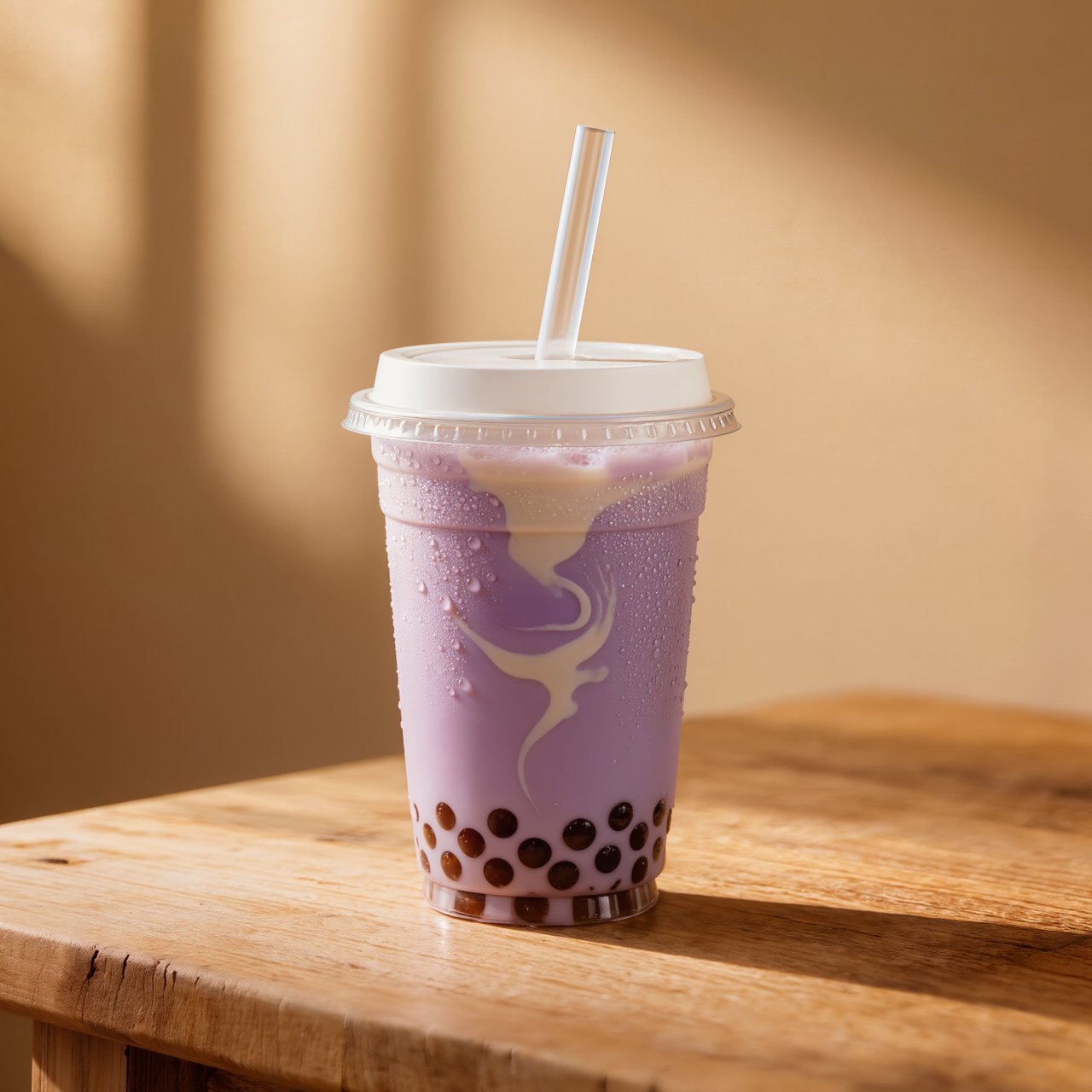 Photorealistic product shot of iced taro bubble tea in a clear frosted plastic cup, condensation beading down curved sides, wide clear straw piercing matte white domed lid. Plump dark brown tapioca pearls settled at the base, swirled creamy purple tea with soft marbled cream streaks, fine ice crystals glinting inside. Resting on weathered light oak table, soft golden hour side lighting casting gentle long shadows, warm neutral beige background. Shallow depth of field, sharp focus on glass texture and pearl details, professional food photography aesthetic, soft moody warm colour palette with rich lavender and caramel tones. — Kling v3