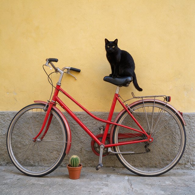 A red bicycle leaning against a yellow wall, a black cat sitting on the bicycle's saddle, a small potted cactus to the left of the bicycle. — Seedream 5.0 Pro
